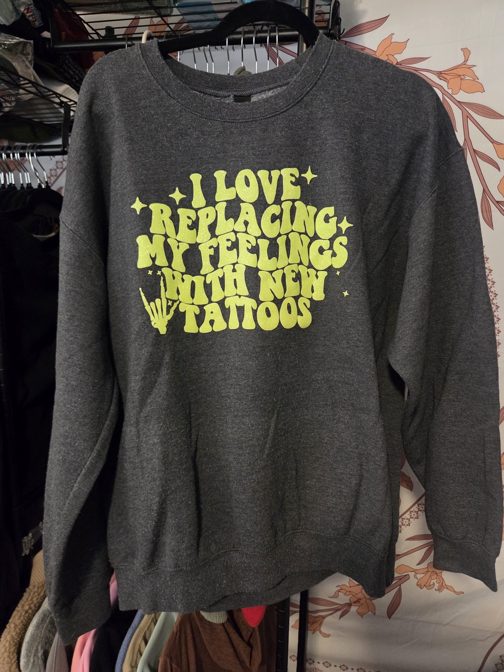 Womens Dark Gray Graphic Sweatshirt with Neon Yellow Print